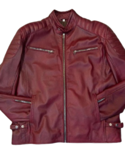 Men's Maroon Stand Collar Leather Jacket