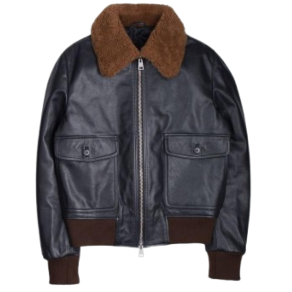 Black Leather Aviator Shearling Collar Bomber Jacket - Image 2