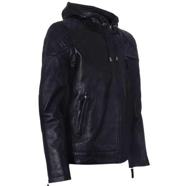 Men's Black Leather Hooded Bomber Jacket - Image 2