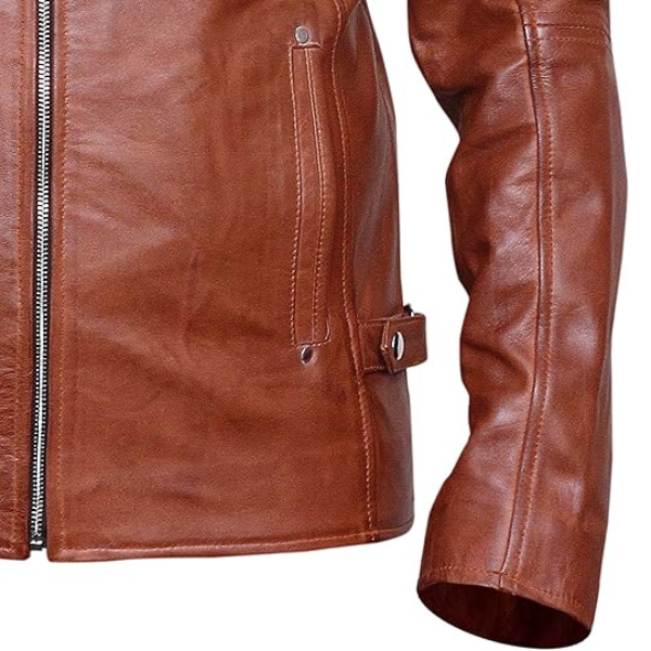 Men's Cafe Racer Leather Brown Jacket - Image 3