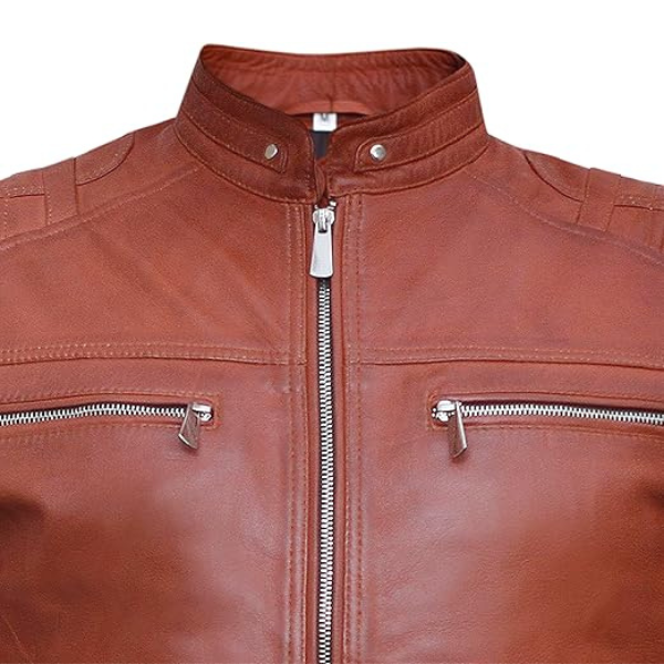 Men's Brown Cafe Racer Leather Jacket - Image 4