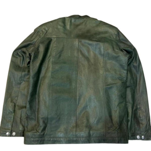 Men Olive Green Solid Leather Jacket - Image 2