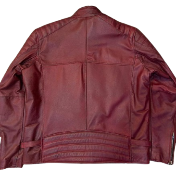 Men's Maroon Stand Collar Leather Jacket - Image 2