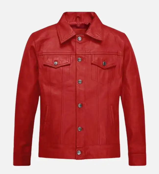 Men's Red Trucker Leather Jacket