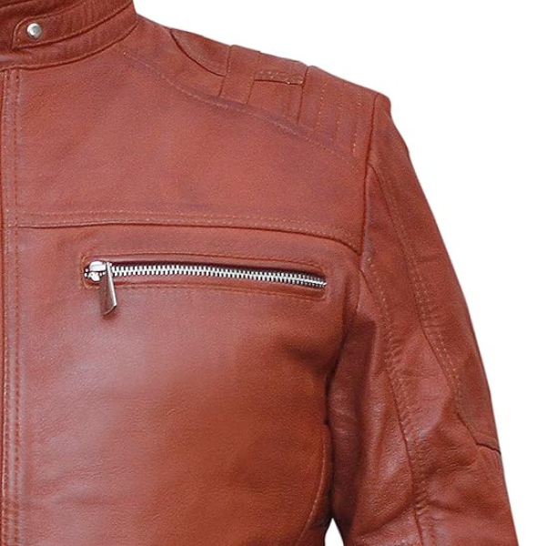 Men's Brown Cafe Racer Leather Jacket - Image 5