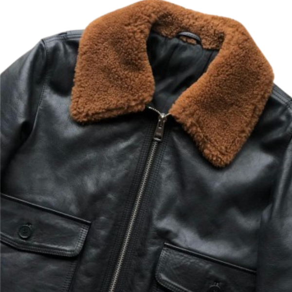 Black Leather Aviator Shearling Collar Bomber Jacket - Image 5