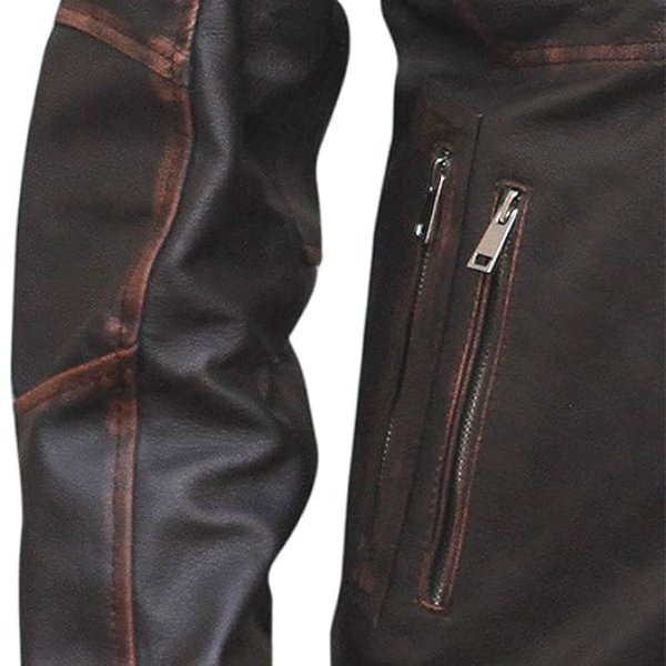 Mens Dark Brown Distressed Six Pocket Vintage Leather Jacket - Image 4
