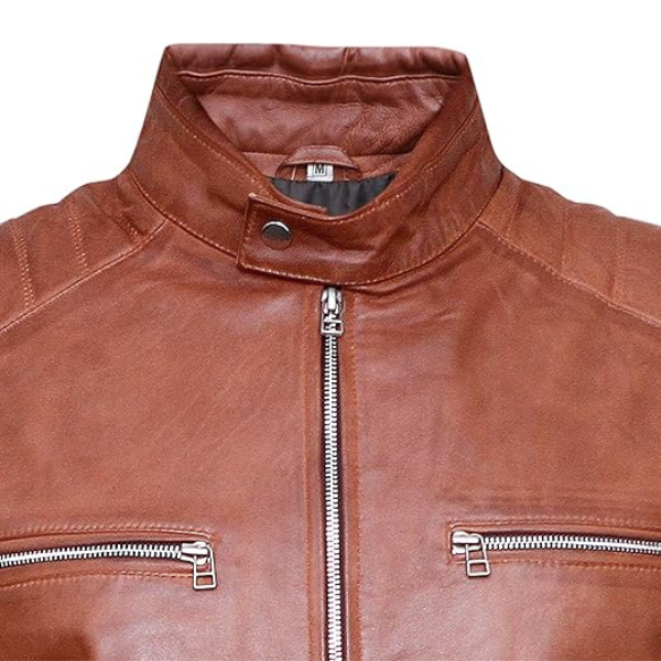 Men's Cafe Racer Leather Brown Jacket - Image 6