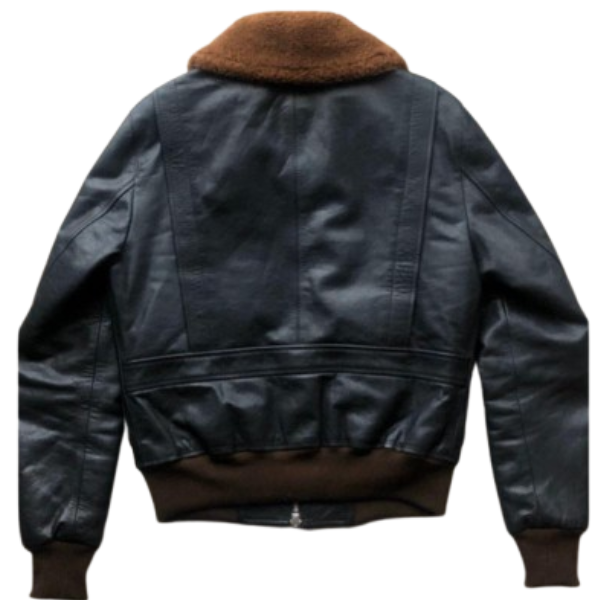 Black Leather Aviator Shearling Collar Bomber Jacket - Image 3