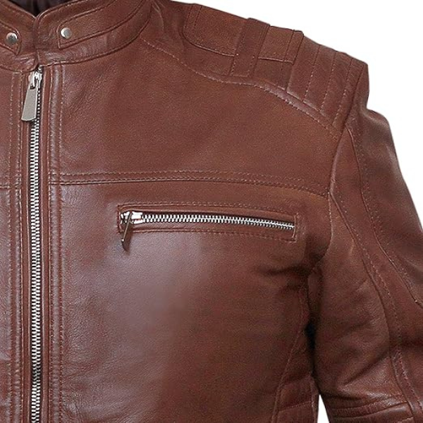 Men's Dark Brown Cafe Racer Leather Jacket - Image 6