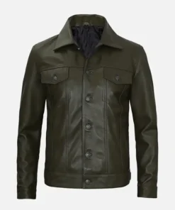 Men's Olive Green Real Leather Trucker Jacket