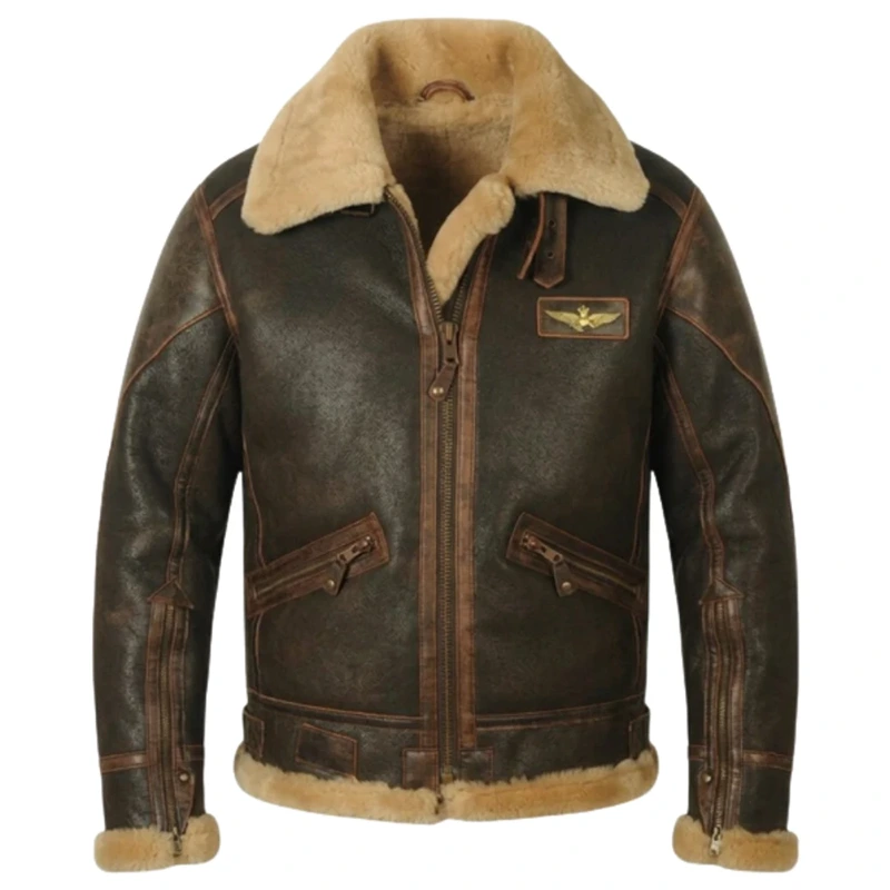 Aurelius Men's Leather Aviator Jacket with Wool Collar