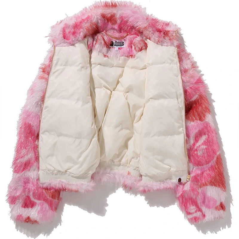 BAPE ABC Pink Camo One Point Metallic Long Fur Jacquard Down Jacket - Image 2