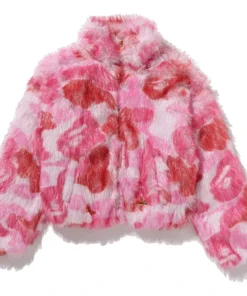 BAPE ABC Pink Camo One Point Metallic Long Fur Jacquard Down Jacket