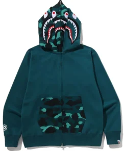 BAPE Color Green Camo Shark Full Zip Double Hoodie