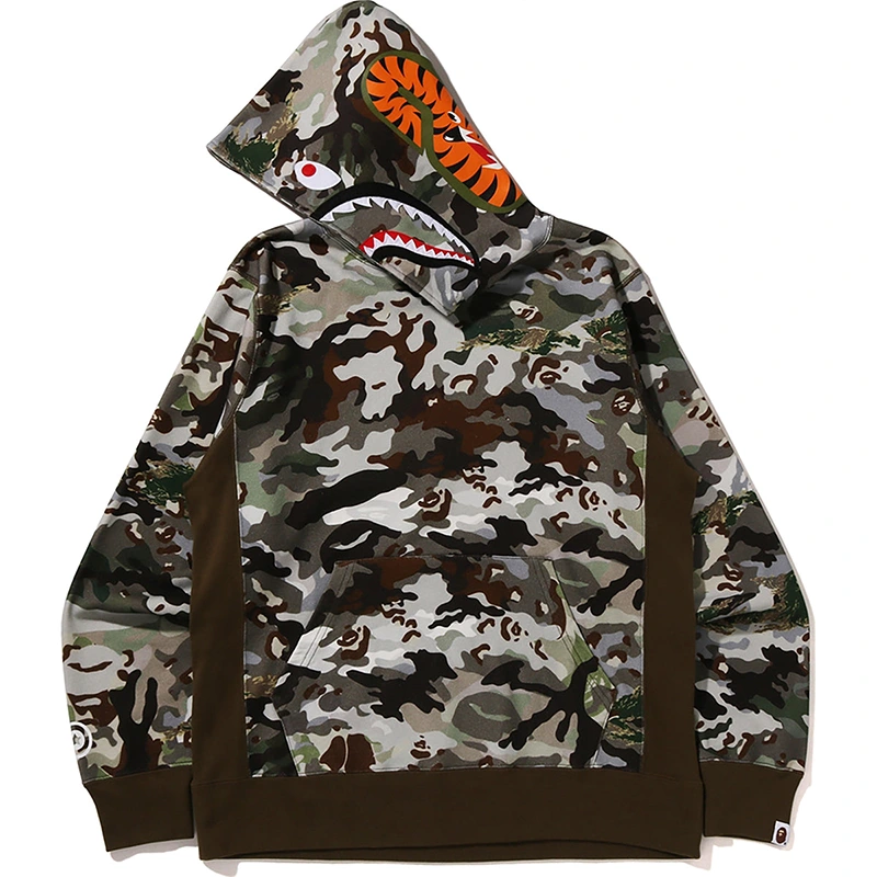 BAPE Olive Drab Hybrid Camo Shark Pullover Hoodie - Image 2