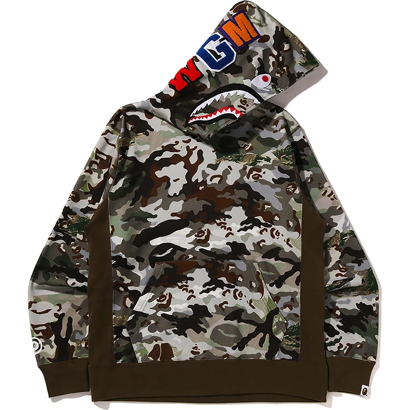BAPE Olive Drab Hybrid Camo Shark Pullover Hoodie