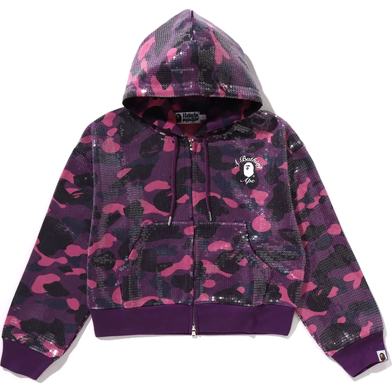 BAPE Purple Color Camo Ape Head Sequin Cropped Full Zip Hoodie
