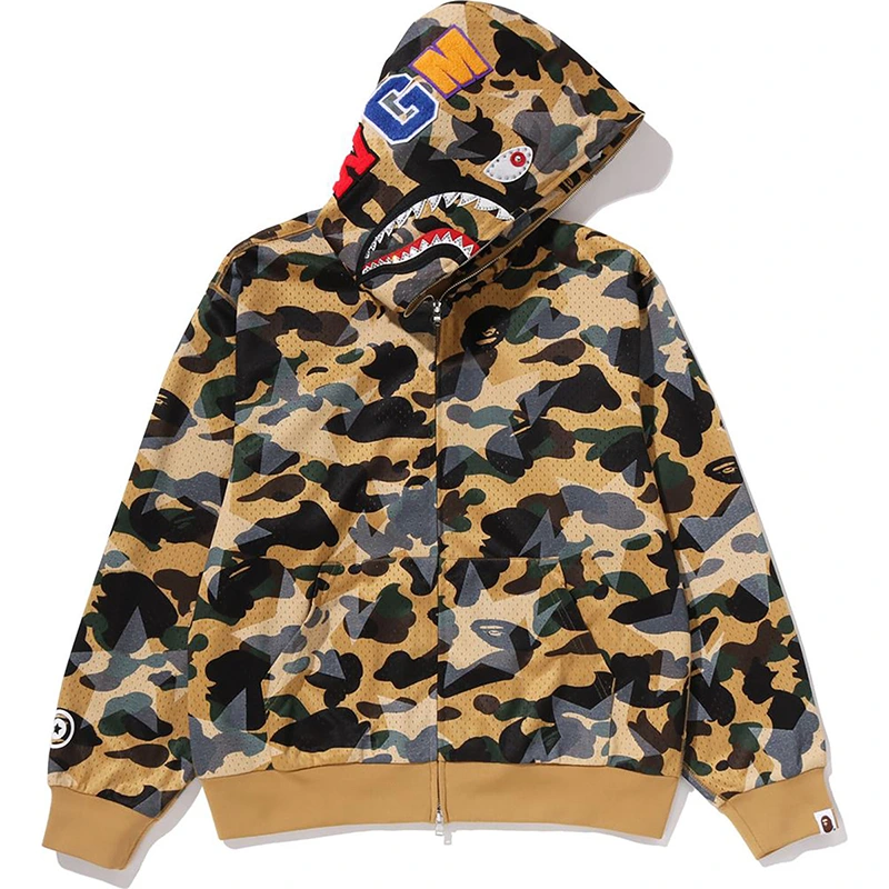 BAPE STA Over Print 1st Camo Mesh Shark Cropped Yellow Fit Full Zip Hoodie - Image 2