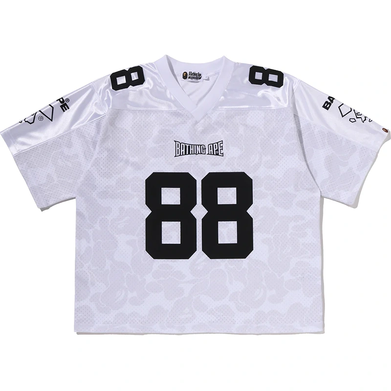 BAPE Solid White Camo Multi Logo Relaxed Fit Football Jersey Tee
