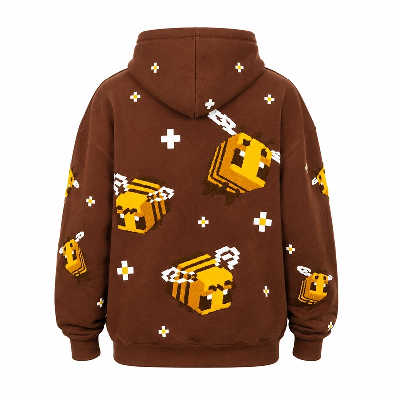 Bee Embroidered Oversized Brown Fleece Hoodie - Image 2