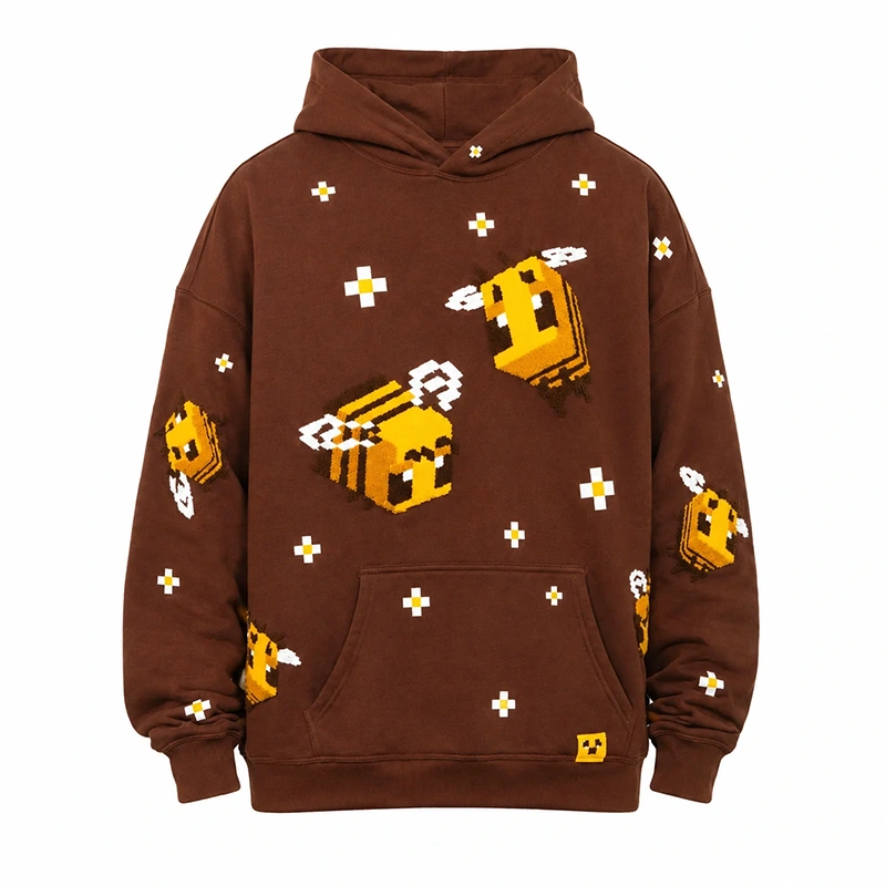 Bee Embroidered Oversized Brown Fleece Hoodie