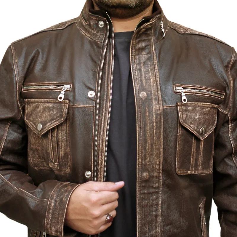 Men's Biker Cafe Moto Racer Brown Genuine Leather Jacket - Image 4
