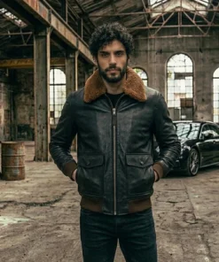 Black Leather Aviator Shearling Collar Bomber Jacket