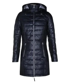 Black Leather Quilted Hooded Overcoat