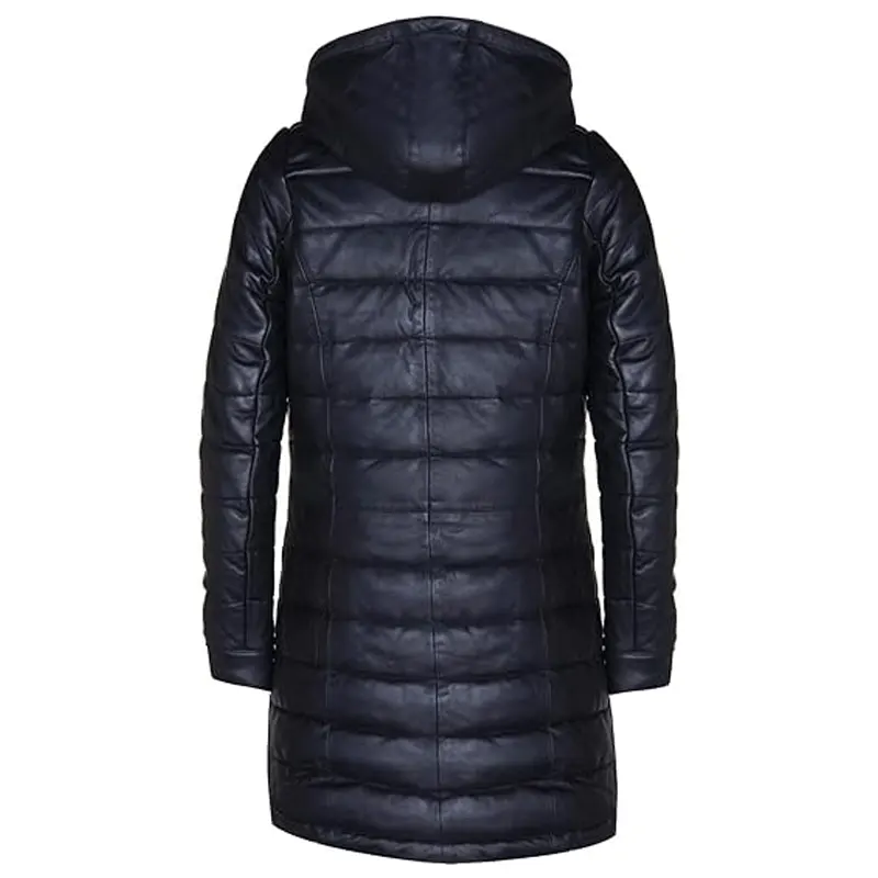 Black Leather Quilted Hooded Overcoat - Image 2