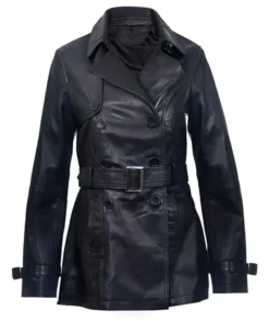 Black Mid Length Leather Overcoat