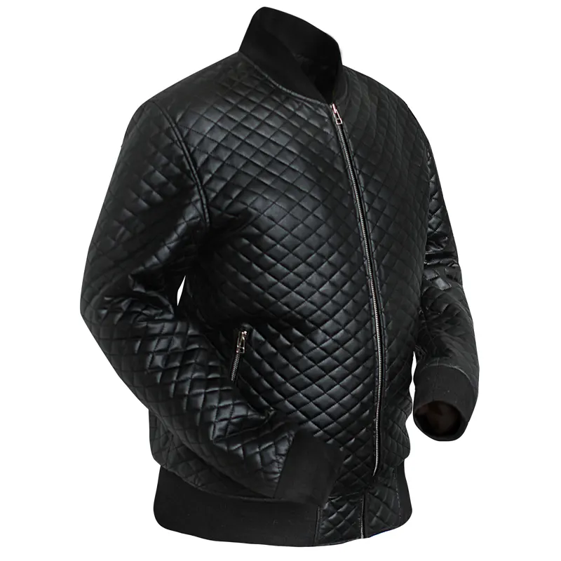 Men's Diamond Quilted Black Motorcycle Bomber Jacket - Image 2