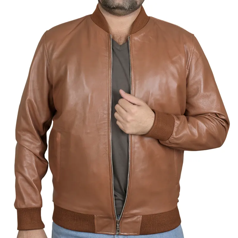 Men's Bomber Biker Style Slim Fitted Leather Jacket - Image 2