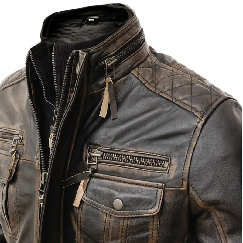 Men's Motorcycle Distressed Brown Cafe Racer Leather Jacket - Image 3