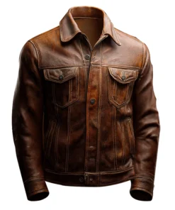 Brown Leather Trucker-Style Jacket