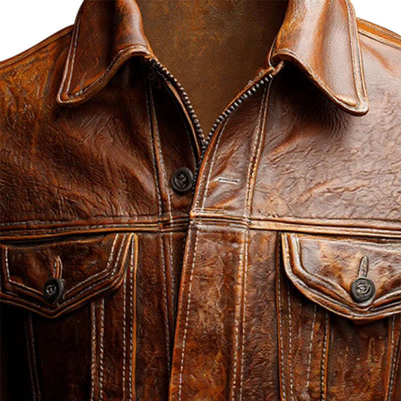 Brown Leather Trucker-Style Jacket - Image 3