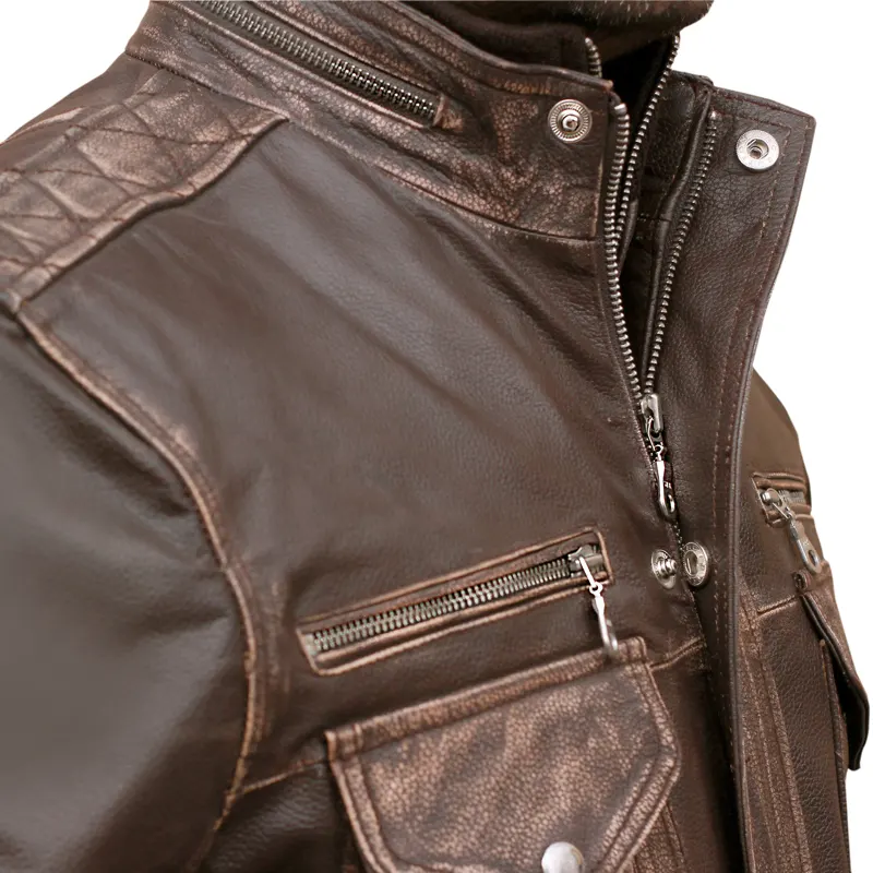 Men's Biker Cafe Moto Racer Brown Genuine Leather Jacket - Image 5