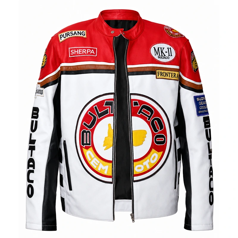 Bultaco White And Red Leather Biker Jacket