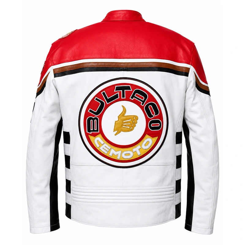 Bultaco White And Red Leather Biker Jacket - Image 2