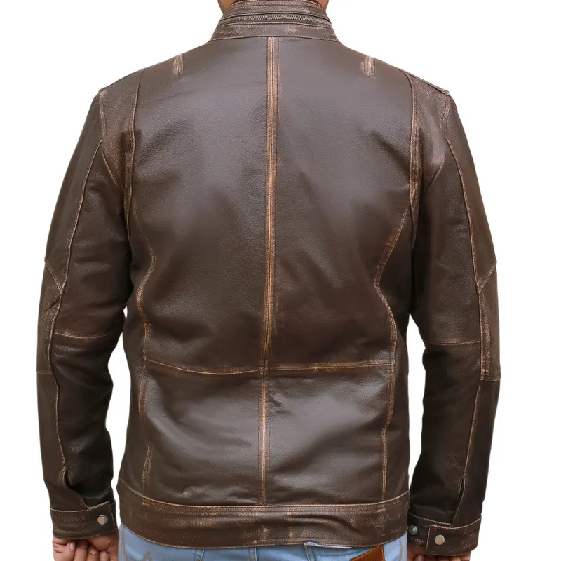 Men's Biker Cafe Moto Racer Brown Genuine Leather Jacket - Image 11