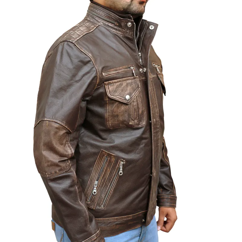 Men's Biker Cafe Moto Racer Brown Genuine Leather Jacket - Image 3
