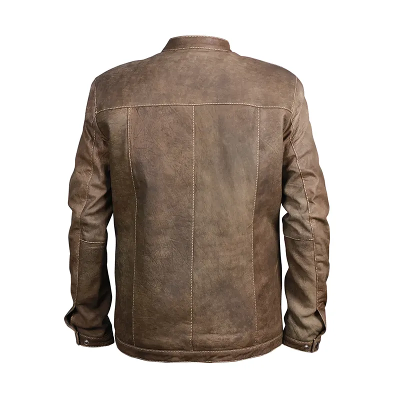 Men's Distressed Khaki Motorcycle Leather Jacket - Image 2