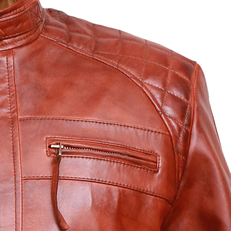 Classic Diamond Vintage Brown Biker Leather Jacket - Image 4