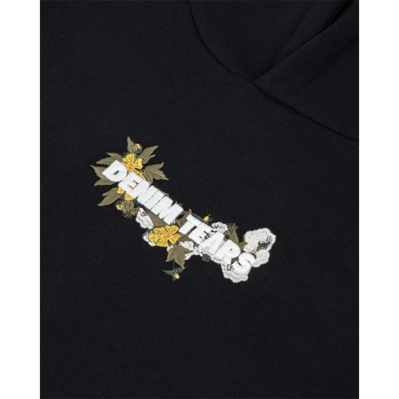 Denim Tears Embroidered Floral Logo Black Hoodie - Image 3