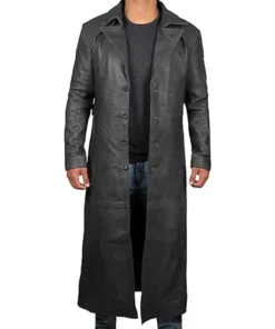 Distressed Black Real Leather Trench Coat