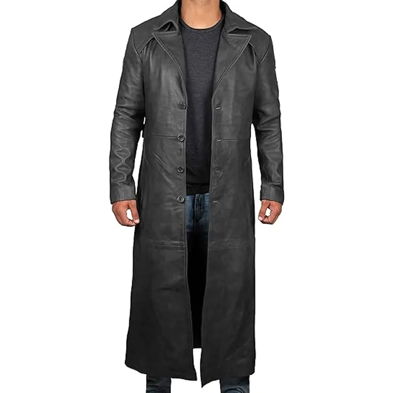 Distressed Black Real Leather Trench Coat