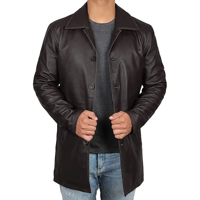 Vintage Style Brown Leather Overcoat - Image 3