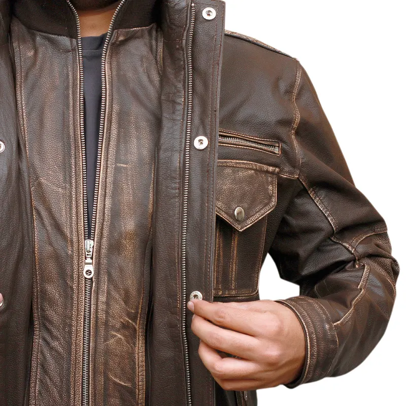 Men's Biker Cafe Moto Racer Brown Genuine Leather Jacket - Image 6