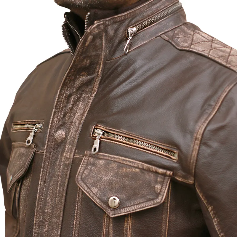 Men's Biker Cafe Moto Racer Brown Genuine Leather Jacket - Image 7