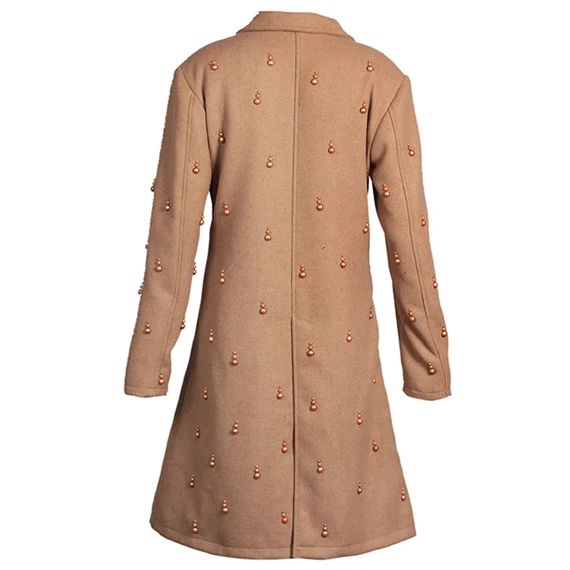 Women's Brown Embellished Wool Trench Coat - Image 3